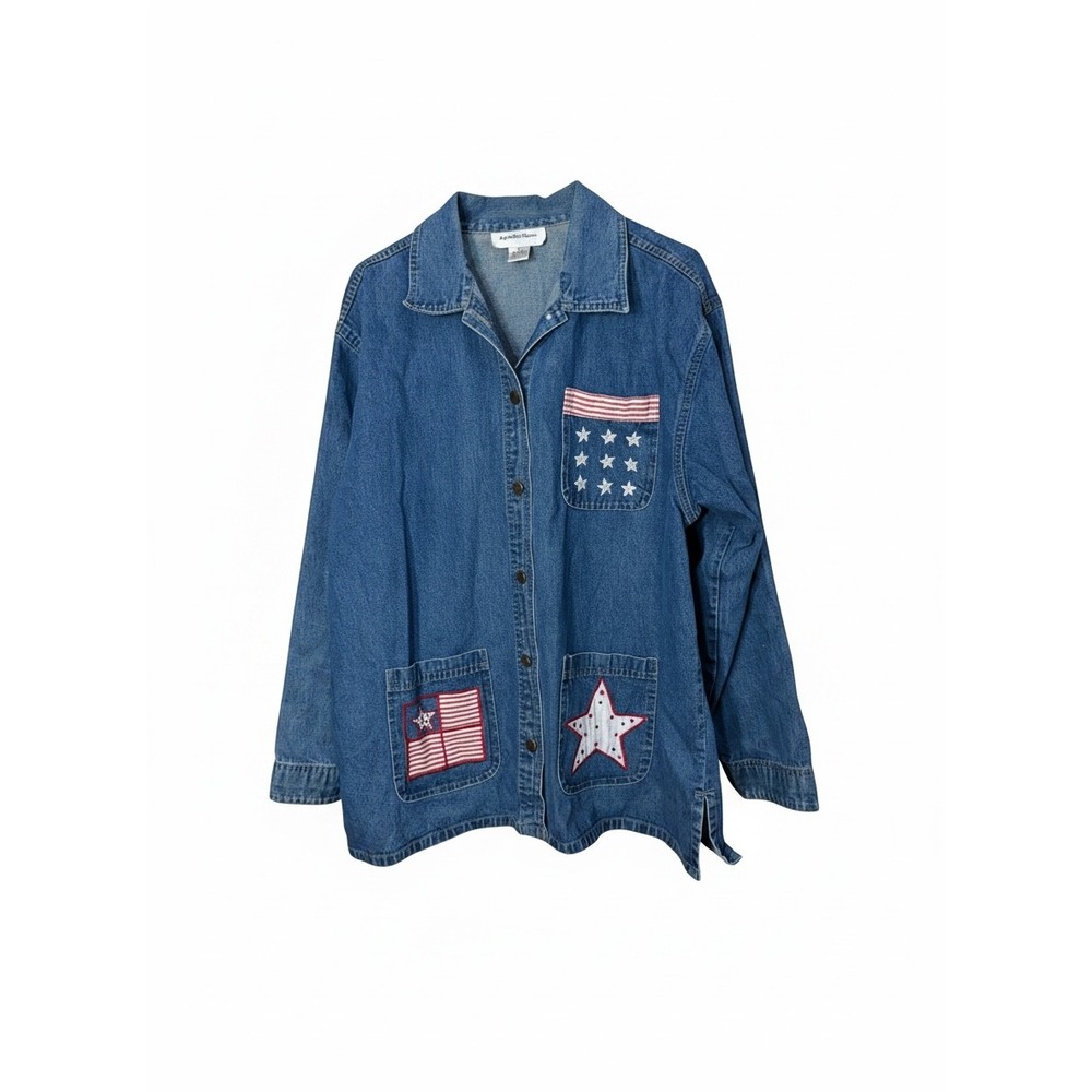 Michelle Louise Womens XL Denim Americana Shirt Jacket Stars Stripes Patriotic